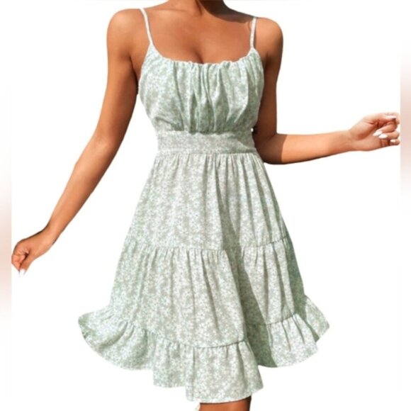 3/$20 SHEIN Floral Print Cami Dress Ruched Smocked Tiered Ruffle Babydoll Green - Picture 4 of 16